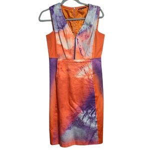 Elie Tahari Orange Purple Abstract‎ Print Fit and Flare V Neck Dress Sz 6